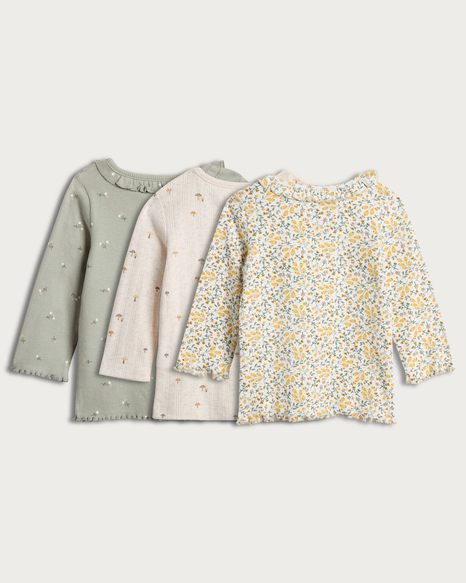 image 1 of F&F Baby 3-Pack Cotton Rich Floral Print Long Sleeved Tops in Green