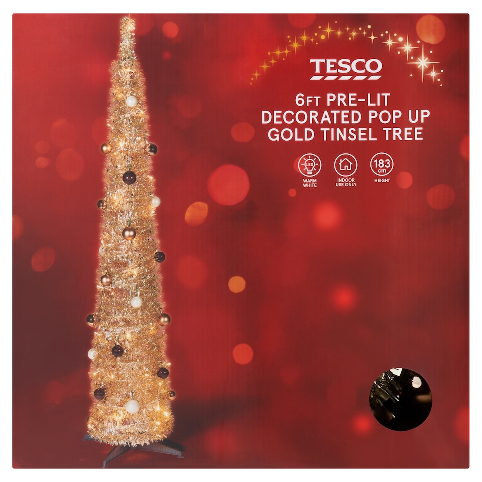 image 1 of Tesco Pre Lit Decorated Pop Up Gold Tinsel Christmas Tree 6ft