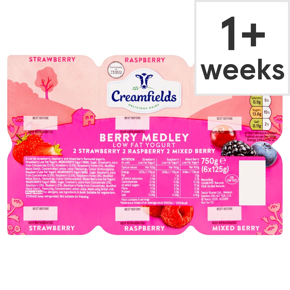 CREAMFIELDS BERRY MEDLEY LOW FAT YOGURT 6X125G
