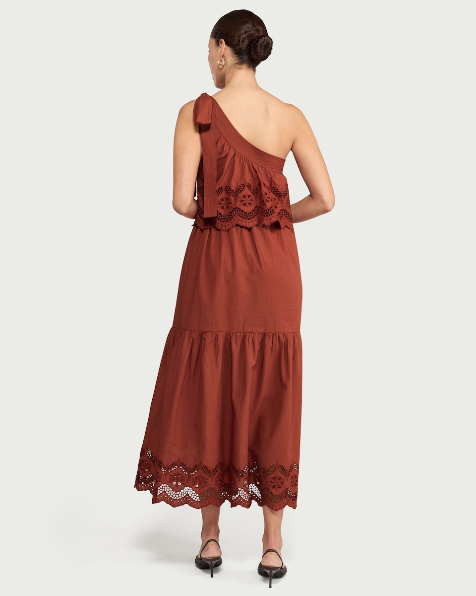 image 1 of The F&F Edit Pure Cotton Embroidered One Shoulder Maxi Dress in Red