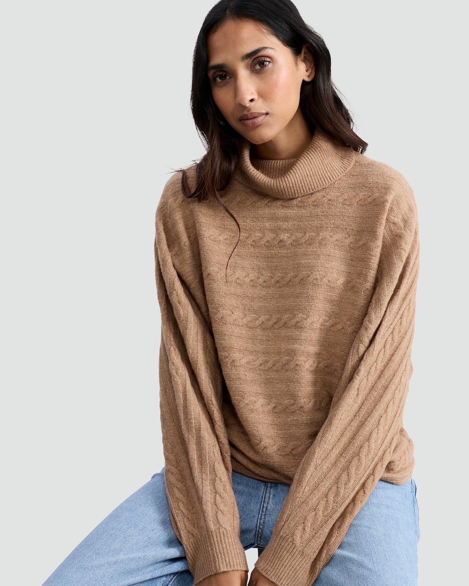 image 1 of F&F Cable Knit Roll Neck Batwing Jumper with Wool in Camel