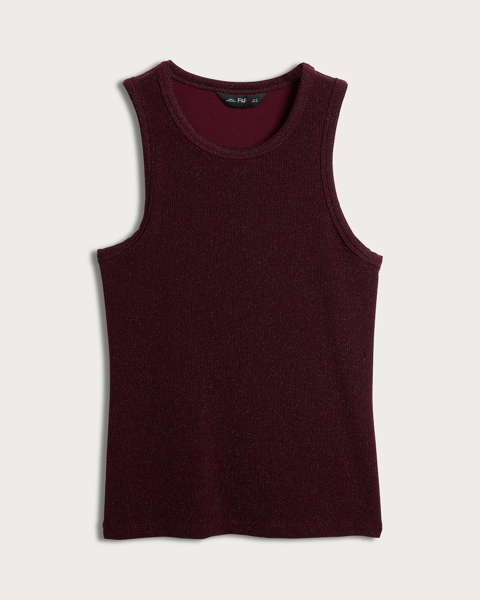 image 1 of F&F Lurex Ribbed Crew Neck Racer Vest in Burgundy