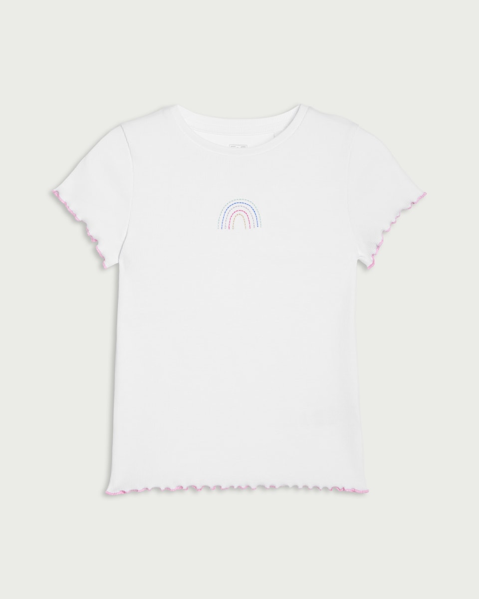 image 1 of F&F Girls Cotton Rich Rainbow Embroidered T-Shirt in Cream