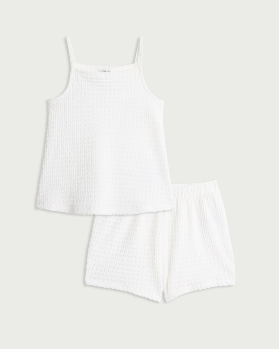 image 1 of F&F Girls 2-Piece Textured Vest and Shorts Set in Cream