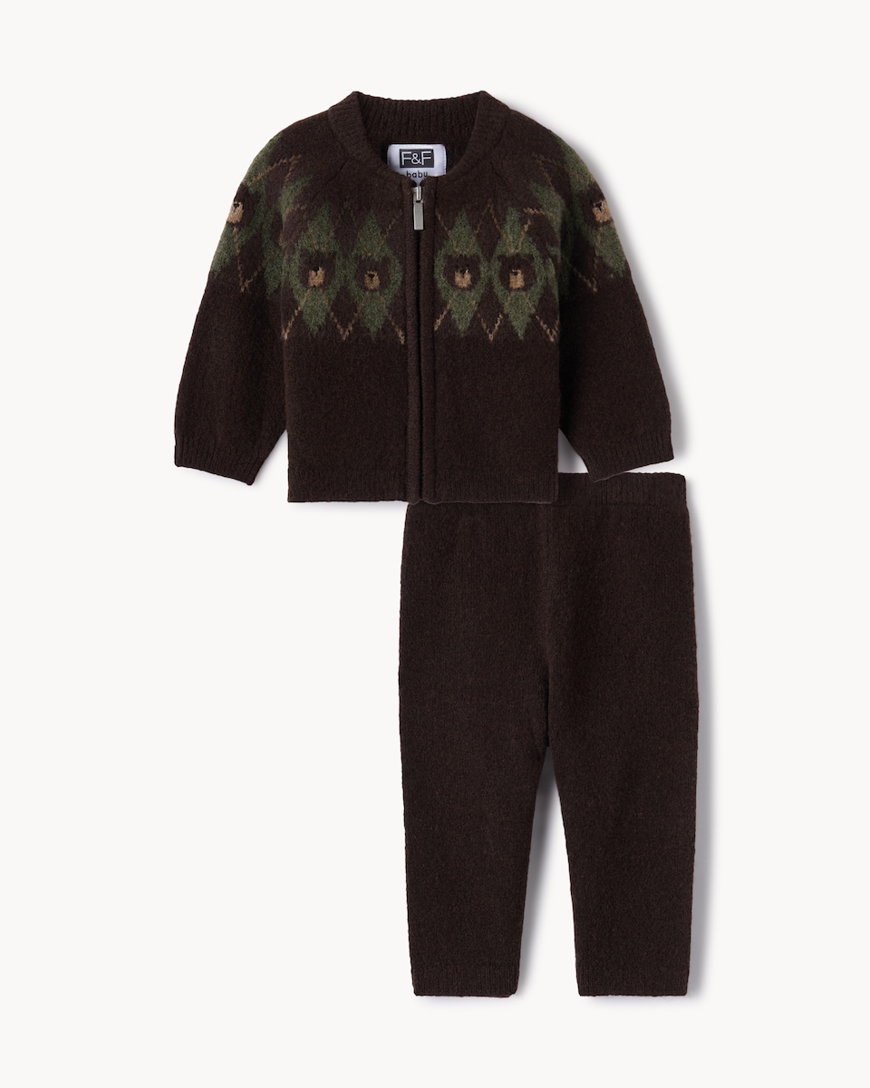 image 1 of F&F Baby Knitted Cardigan and Trousers Set in Brown