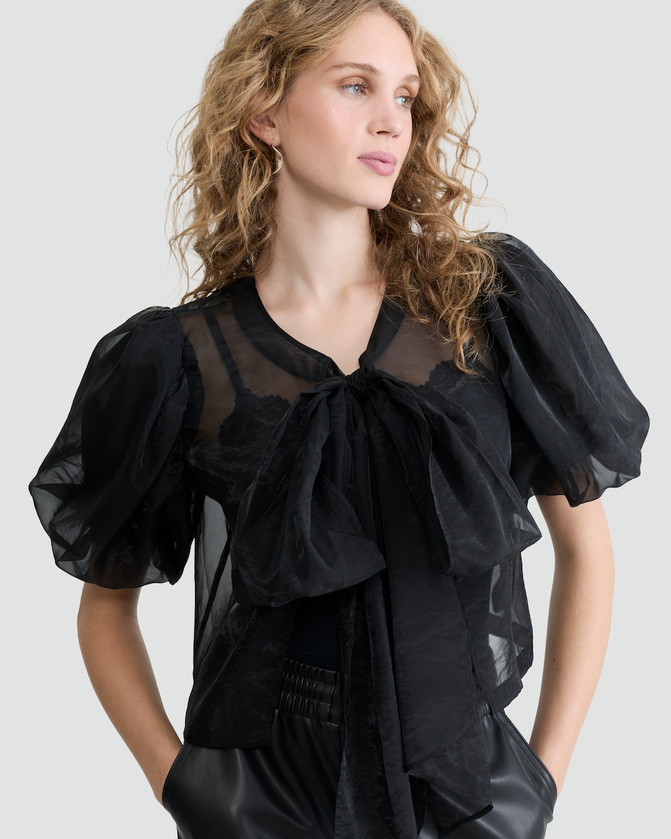 image 1 of The F&F Edit Organza Puff Sleeved Bow Accent Blouse in Black