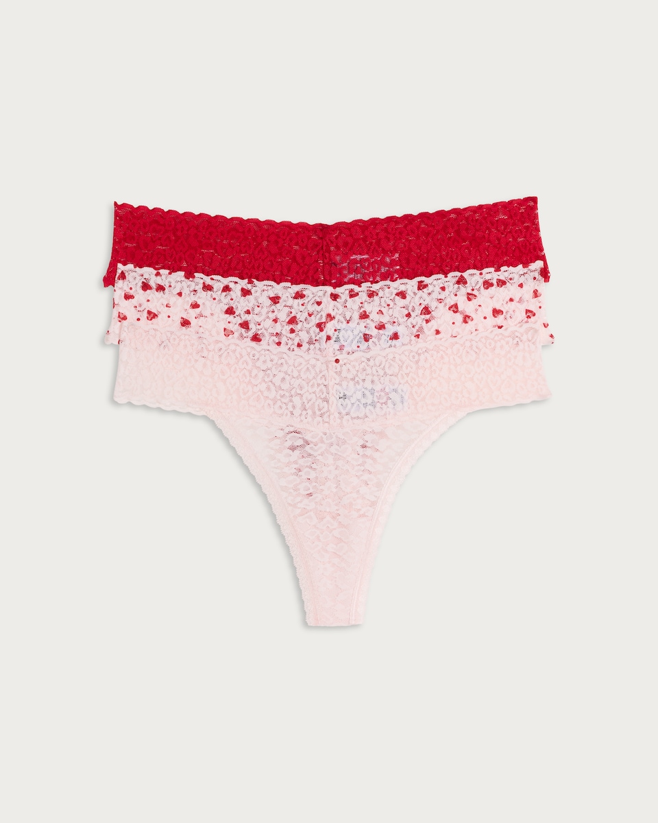 image 1 of F&F 3-Pack Lace Heart Print Thongs in Multi