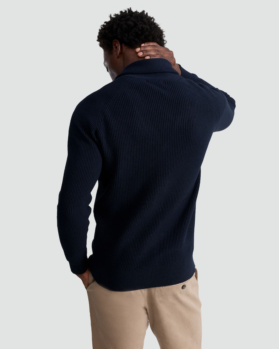 image 1 of F&F Knitted Shawl Collar Button Up Cardigan with Cotton in Navy