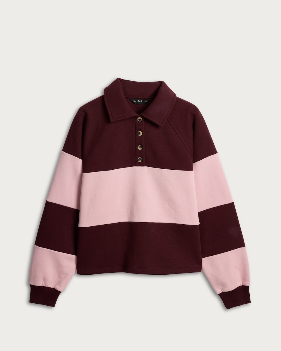 image 1 of F&F Cotton Rich Stripe Print Collared Rugby Sweatshirt in Multi Pink