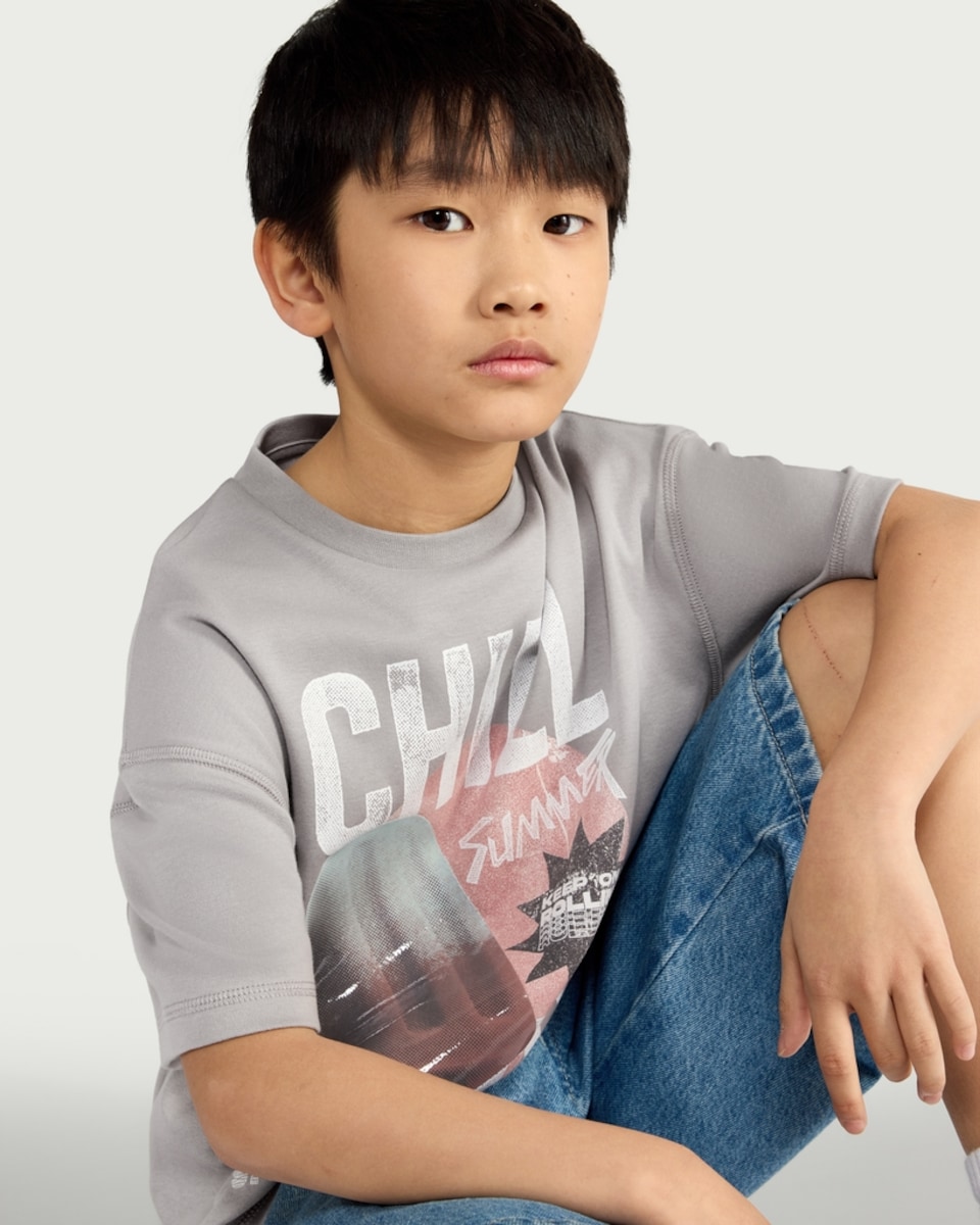 image 1 of F&F Boys Pure Cotton Chill Oversized Fit T-Shirt in Grey