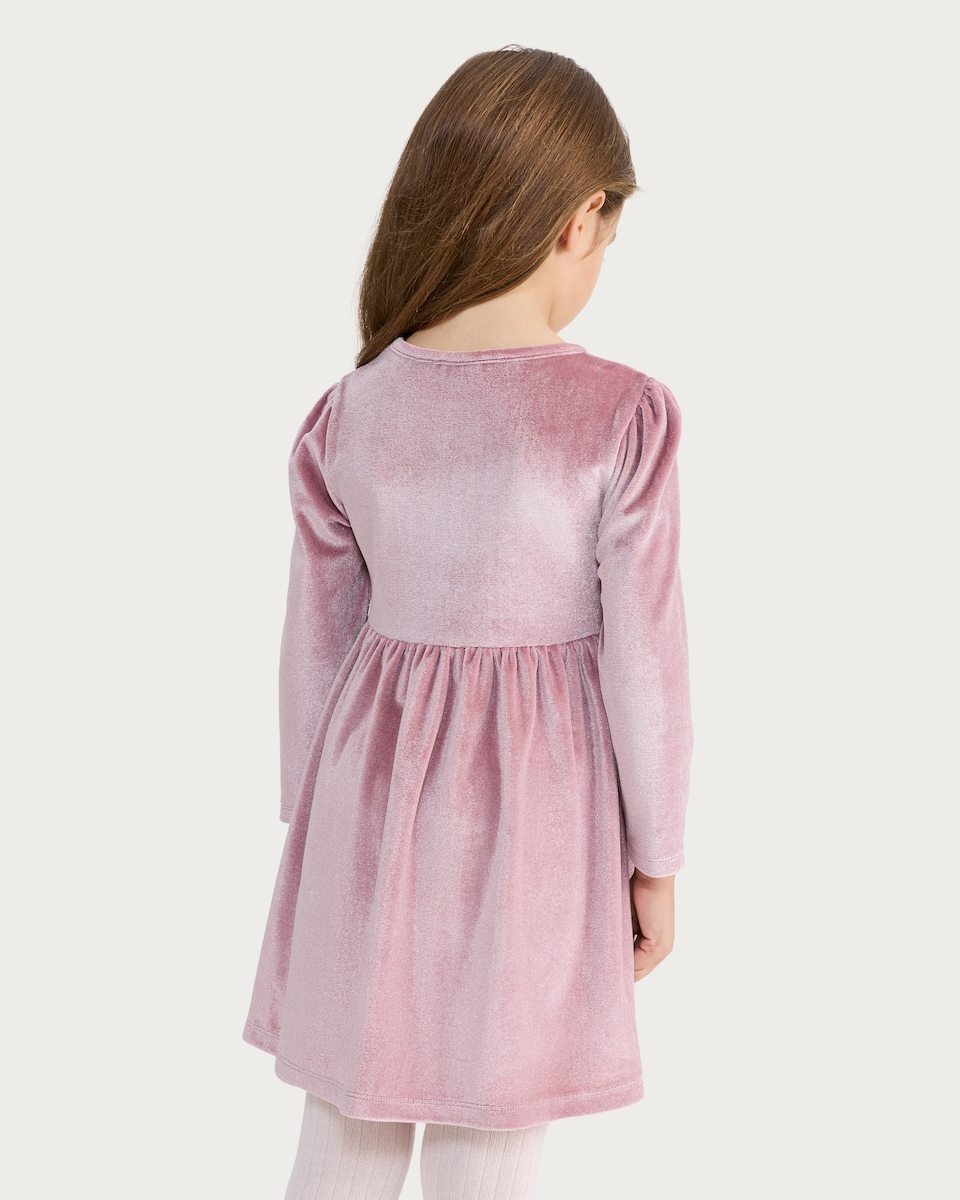 image 1 of F&F Girls Velvet Bow Detail Long Sleeved Dress in Pink