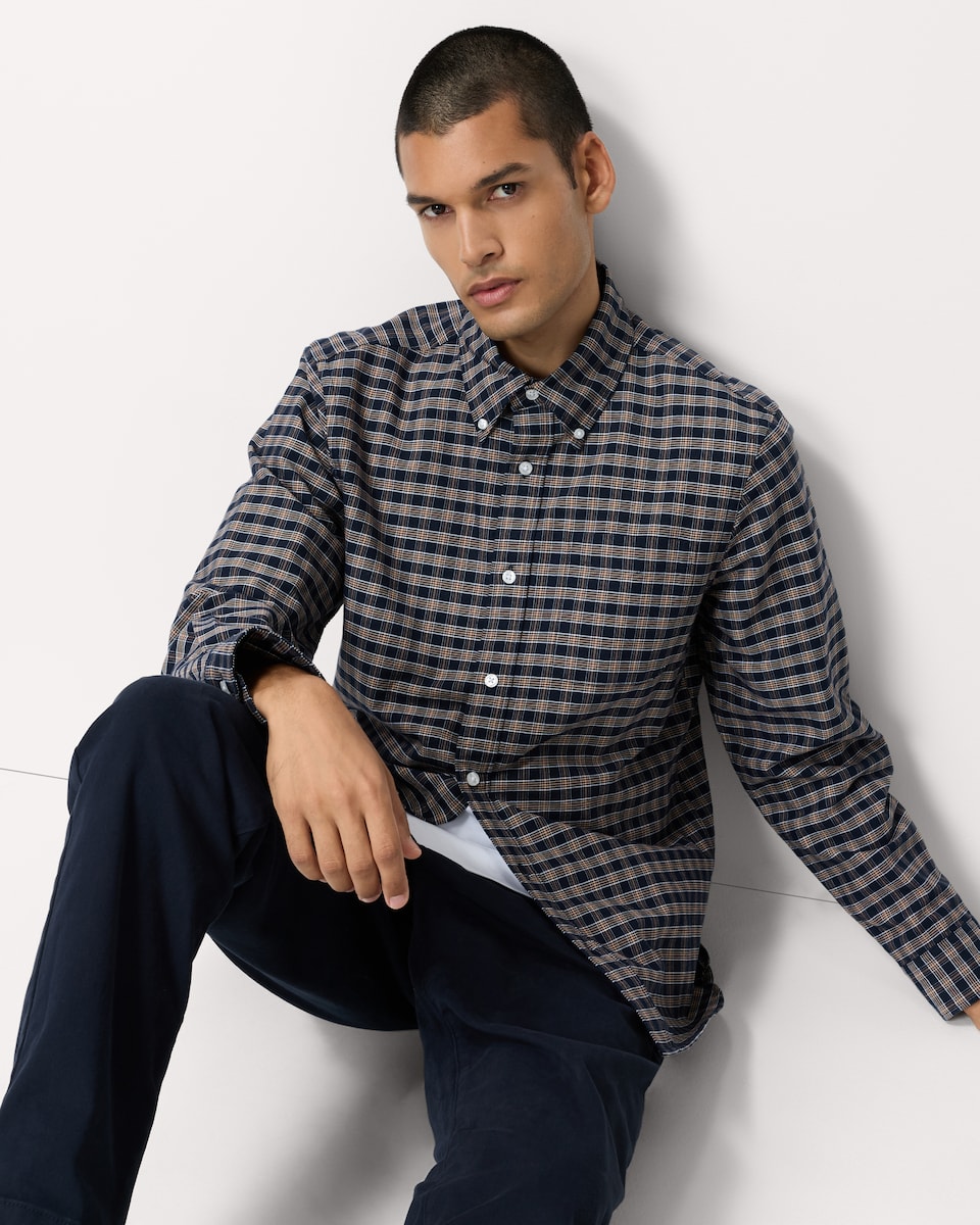 image 1 of F&F Pure Cotton Checked Oxford Shirt in Navy