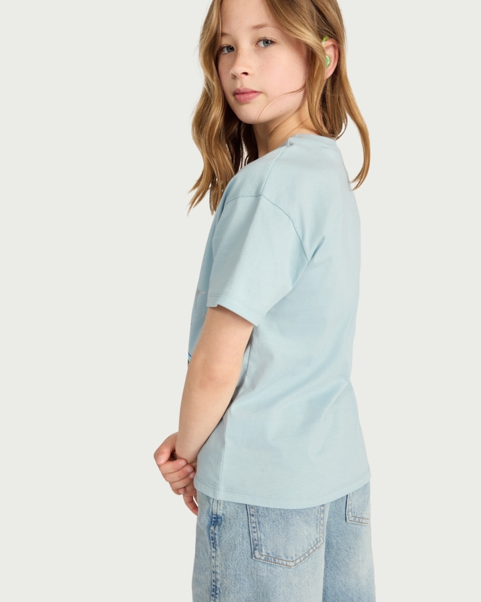 image 1 of K-Pop Demon Hunters Pure Cotton Derpy Cat Print T-Shirt in Blue