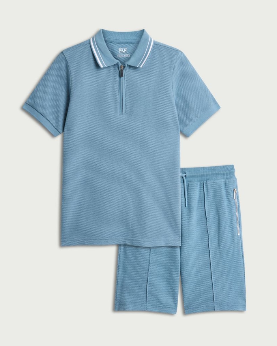 image 1 of F&F Boys 2-Piece Cotton Rich Textured Polo Shirt and Shorts Set in Blue