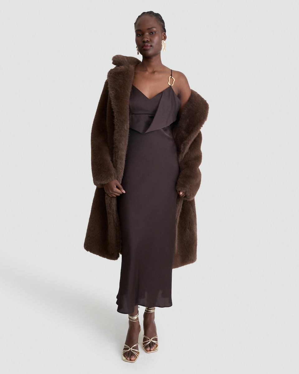 image 1 of F&F Gold Trim Strappy Midi Dress in Chocolate