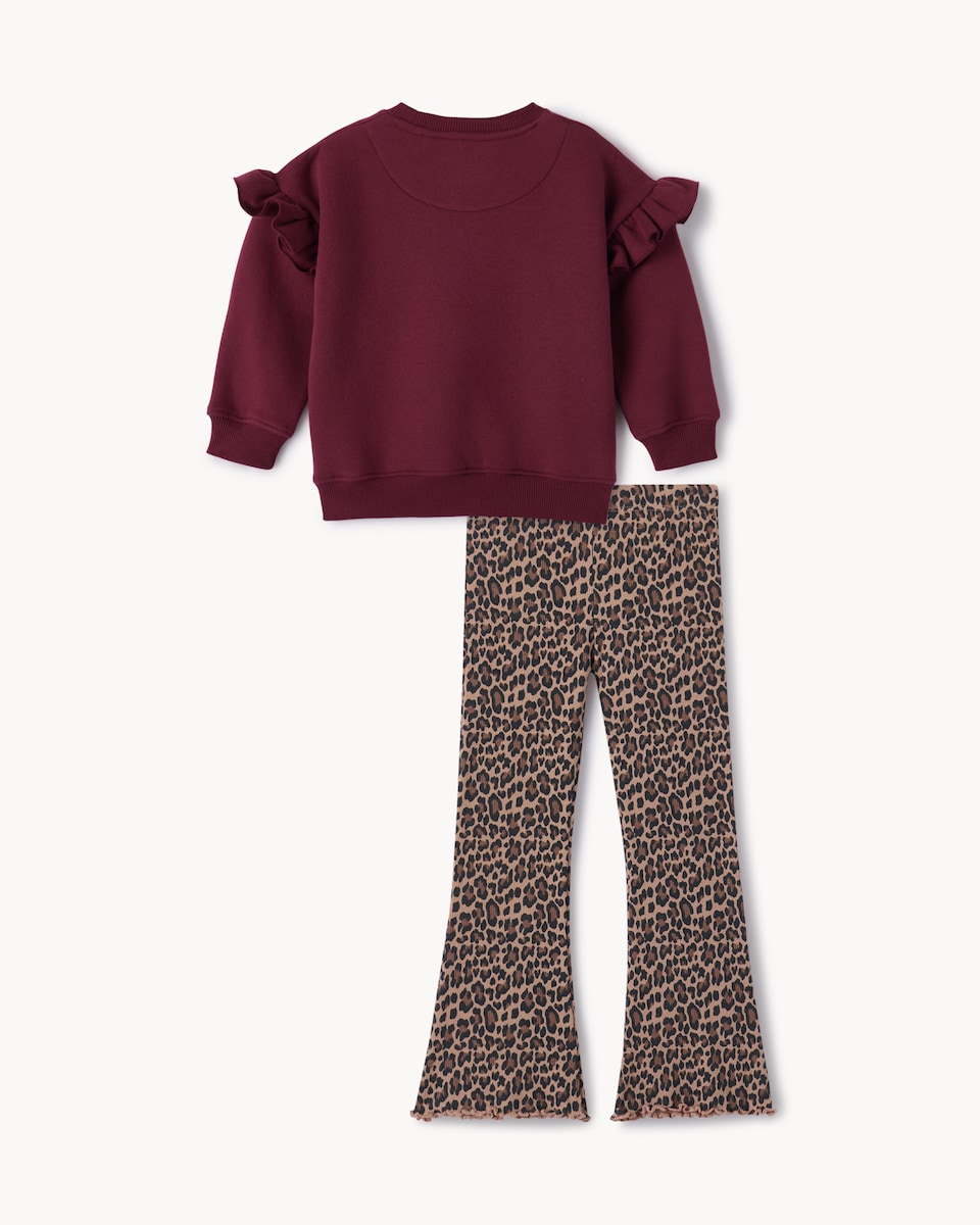 image 1 of F&F Girls Cotton Rich Teddy Sweatshirt and Flared Leggings Set in Multi Brown