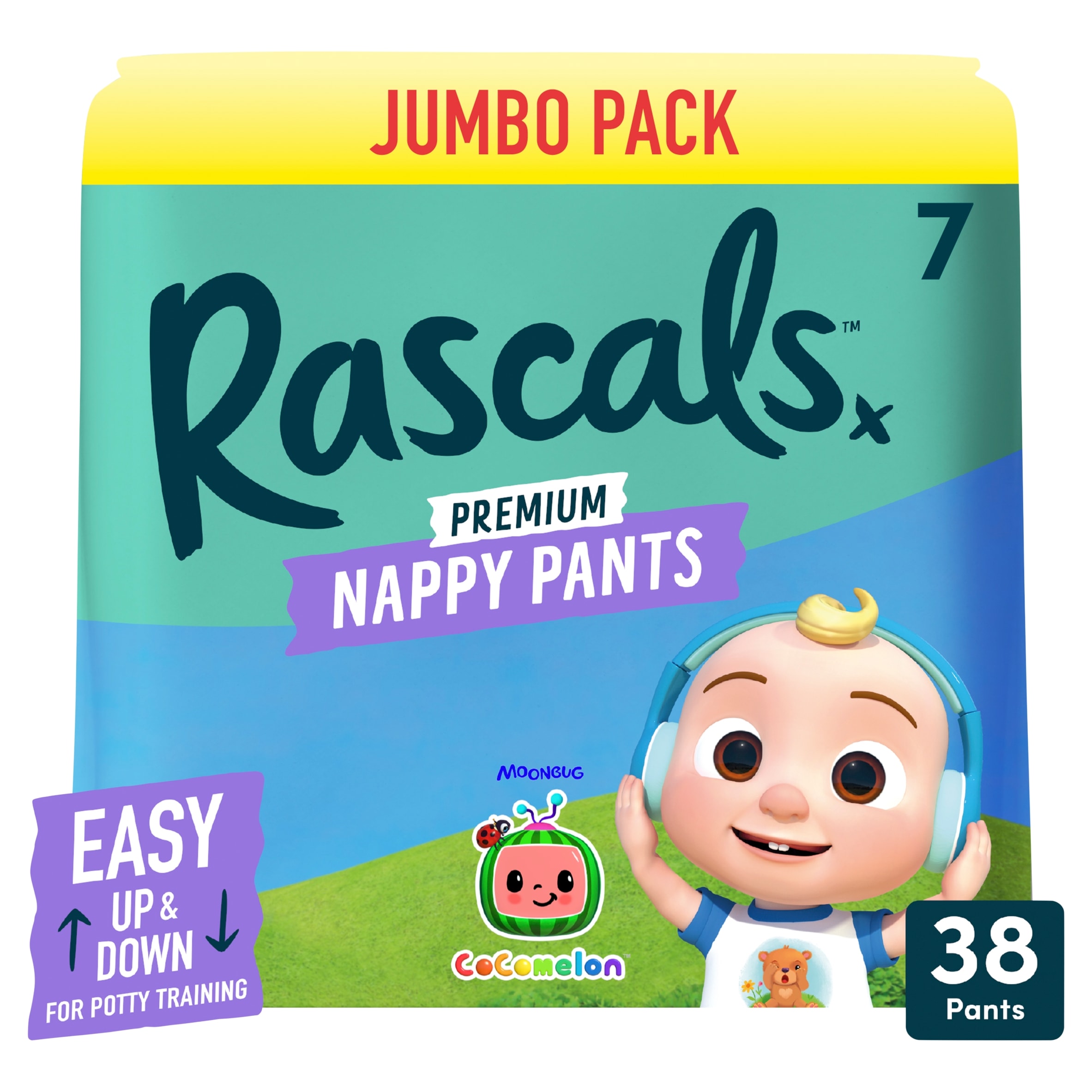 Rascals Premium CoComelon Nappy Pants, Size 7 | 38 Jumbo Pack