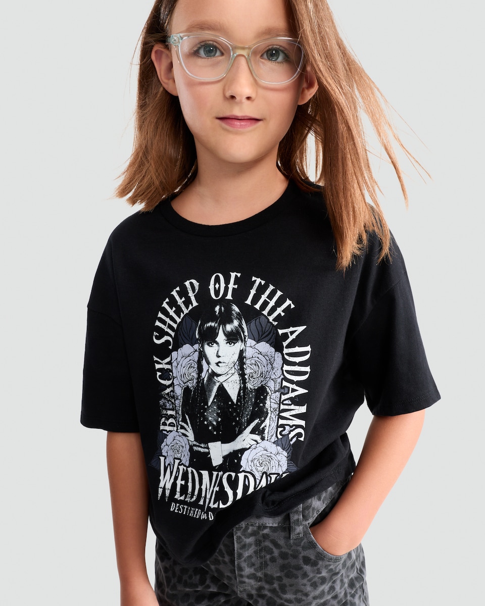 image 1 of Wednesday Addams Black Sheep Print Pure Cotton T-Shirt in Black