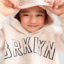 F&F Boys Borg Textured BRKLYN Slogan Hoodie in Cream