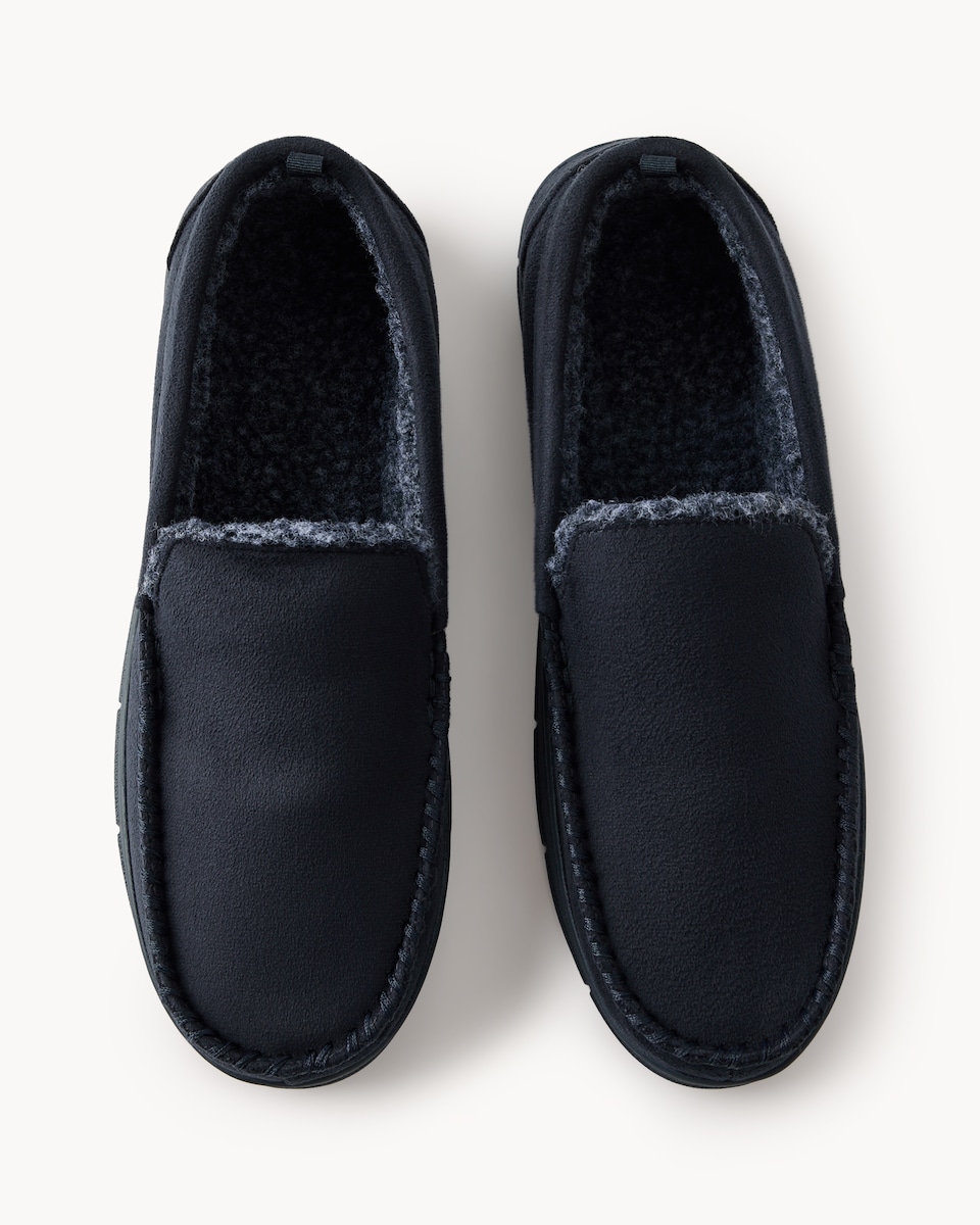 image 1 of F&F Faux Fur Lined Moccasin Slippers in Navy