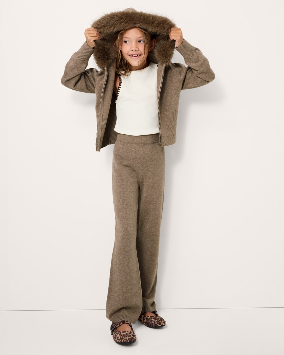 image 1 of F&F Girls Faux Fur Trim Zip-Up Cardigan and Trousers Set in Tan