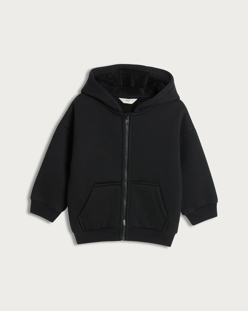 image 1 of F&F Boys Borg Lined Zip Up Hoodie in Black