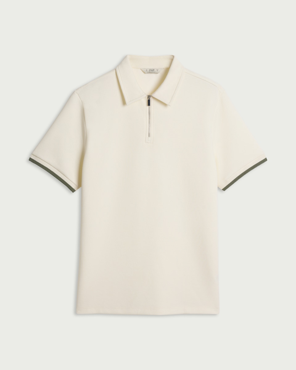 image 1 of F&F Textured Zip Neck Tipped Polo Shirt in Ecru