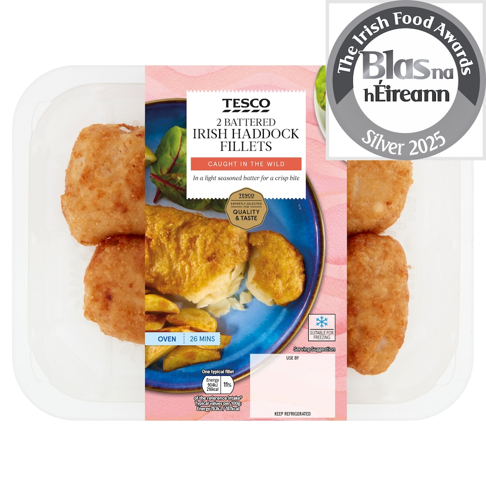 Tesco 2 Battered Irish Haddock Fillets 280G