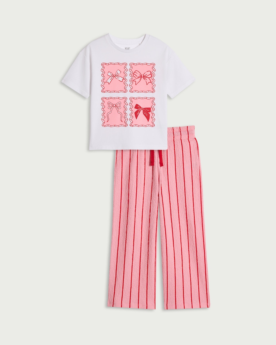 image 1 of F&F Girls 2-Piece Cotton Rich Bow Print T-Shirt and Striped Trousers Set in Multi Pink