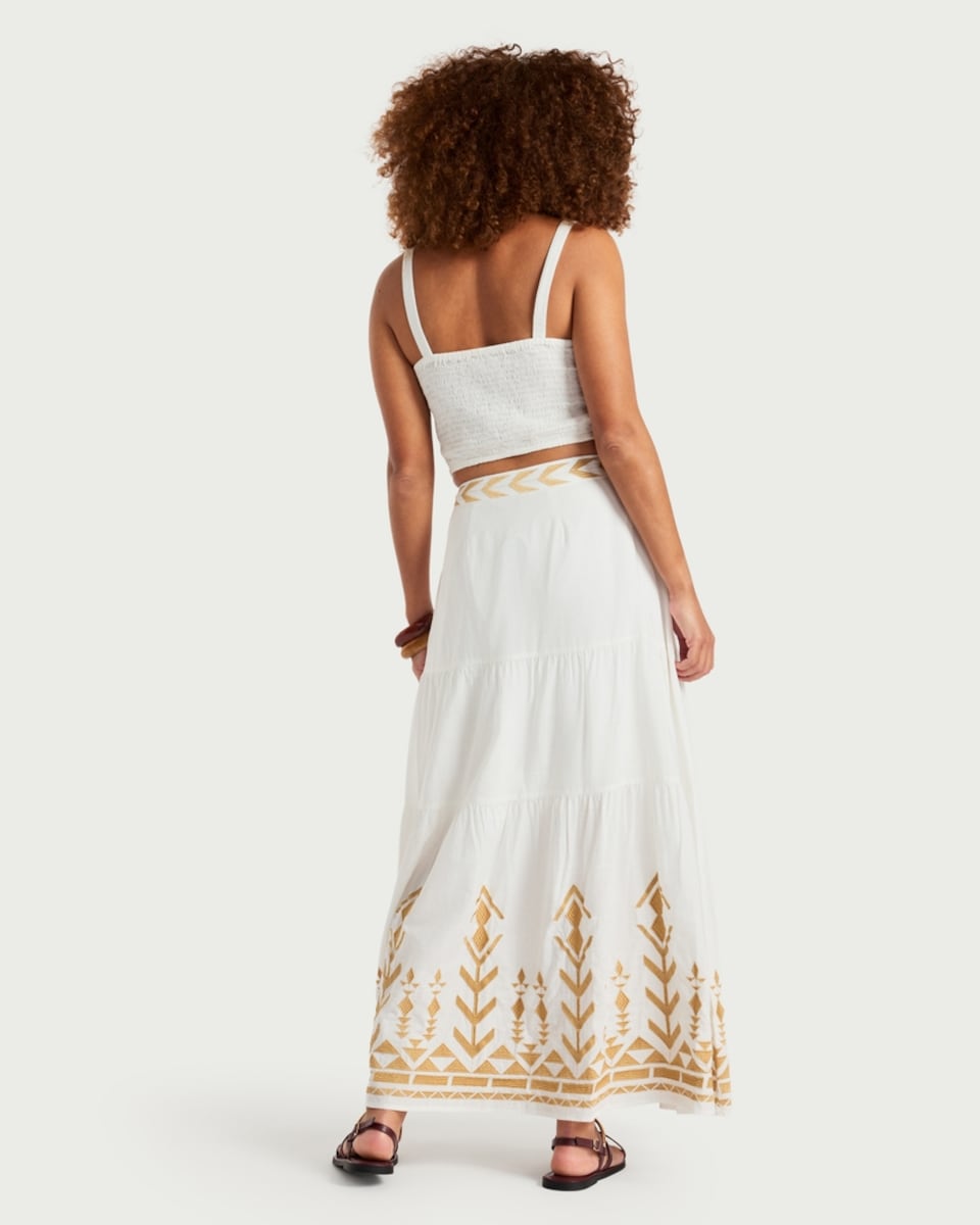 image 1 of F&F Cotton Rich Embroidered Tiered Co-ord Midi Skirt in Cream