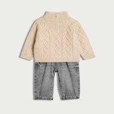 F&F Baby 2-Piece Cable Knit Jumper and Denim Jeans Set in Cream