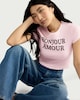 image 2 of F&F Cotton Rich Bonjour Amour Slogan Cropped T-Shirt in Pink