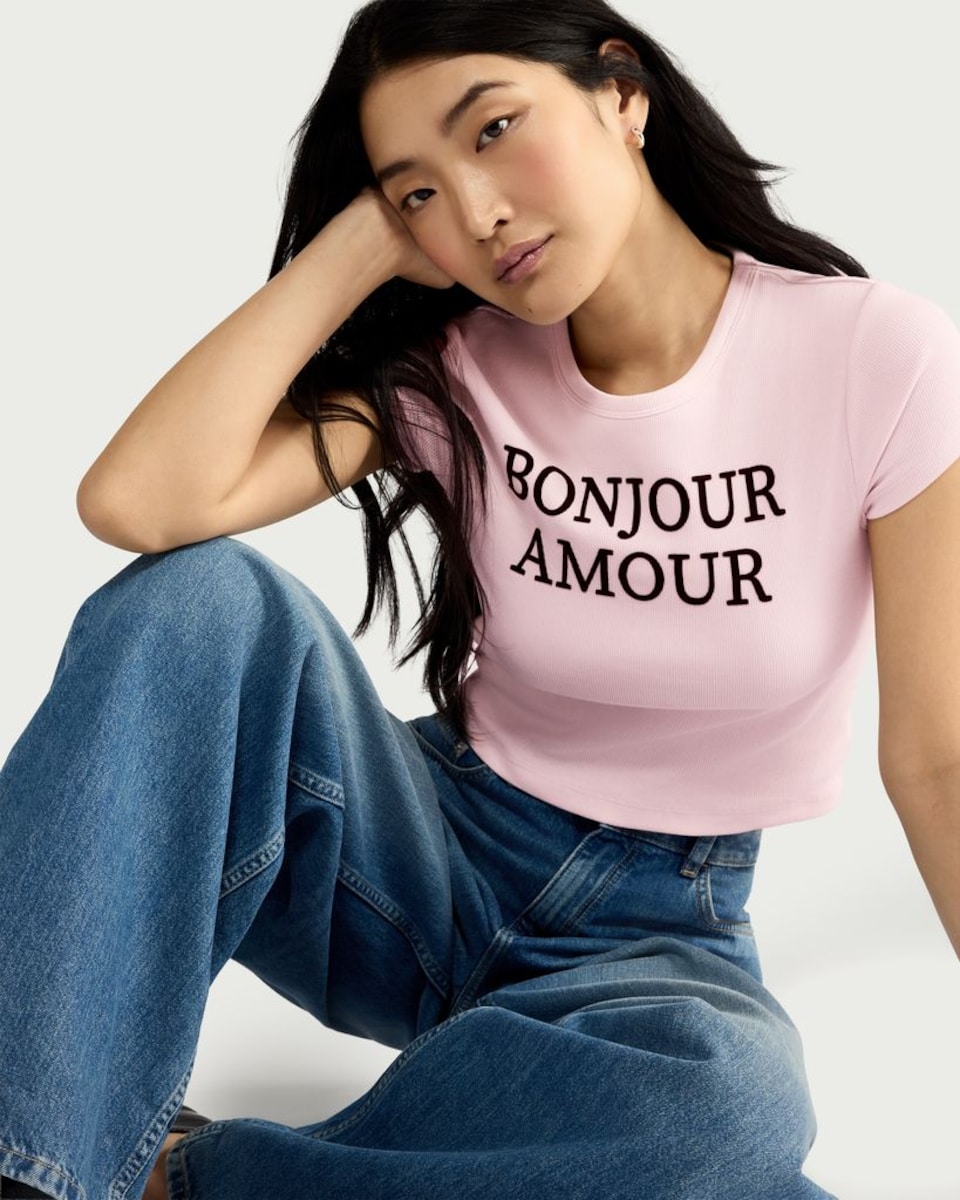 image 1 of F&F Cotton Rich Bonjour Amour Slogan Cropped T-Shirt in Pink