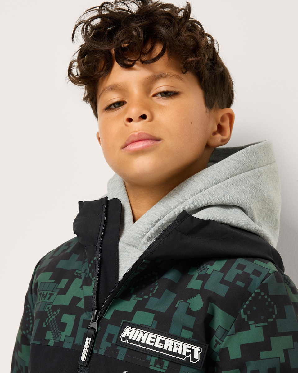 image 1 of Minecraft Printed Zip Up Raincoat in Black