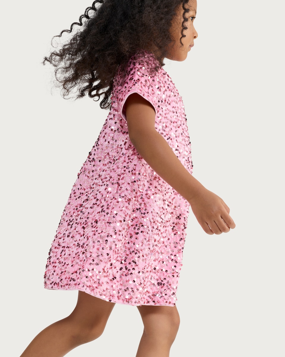 image 1 of F&F Girls Sequin Short Sleeved Dress in Pink