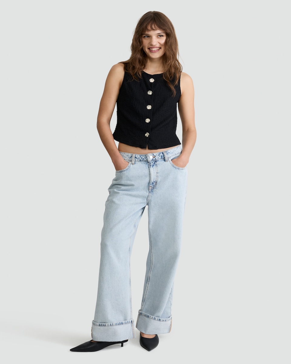image 1 of F&F Crinkle Textured Button Front Sleeveless Co-ord Top in Black