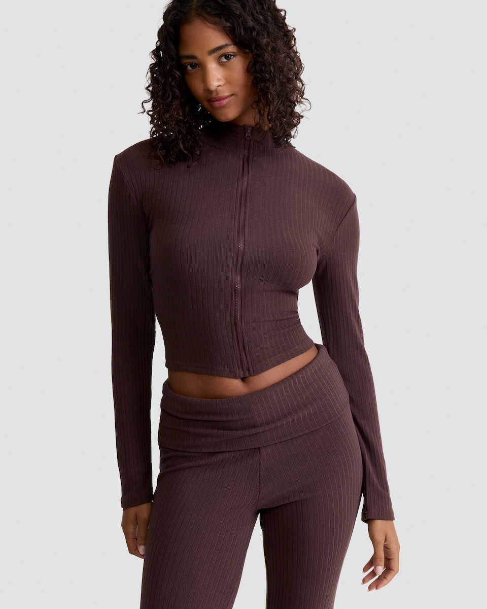 image 1 of OH ME OH MY Ribbed Zip Up Co-ord Jacket in Brown