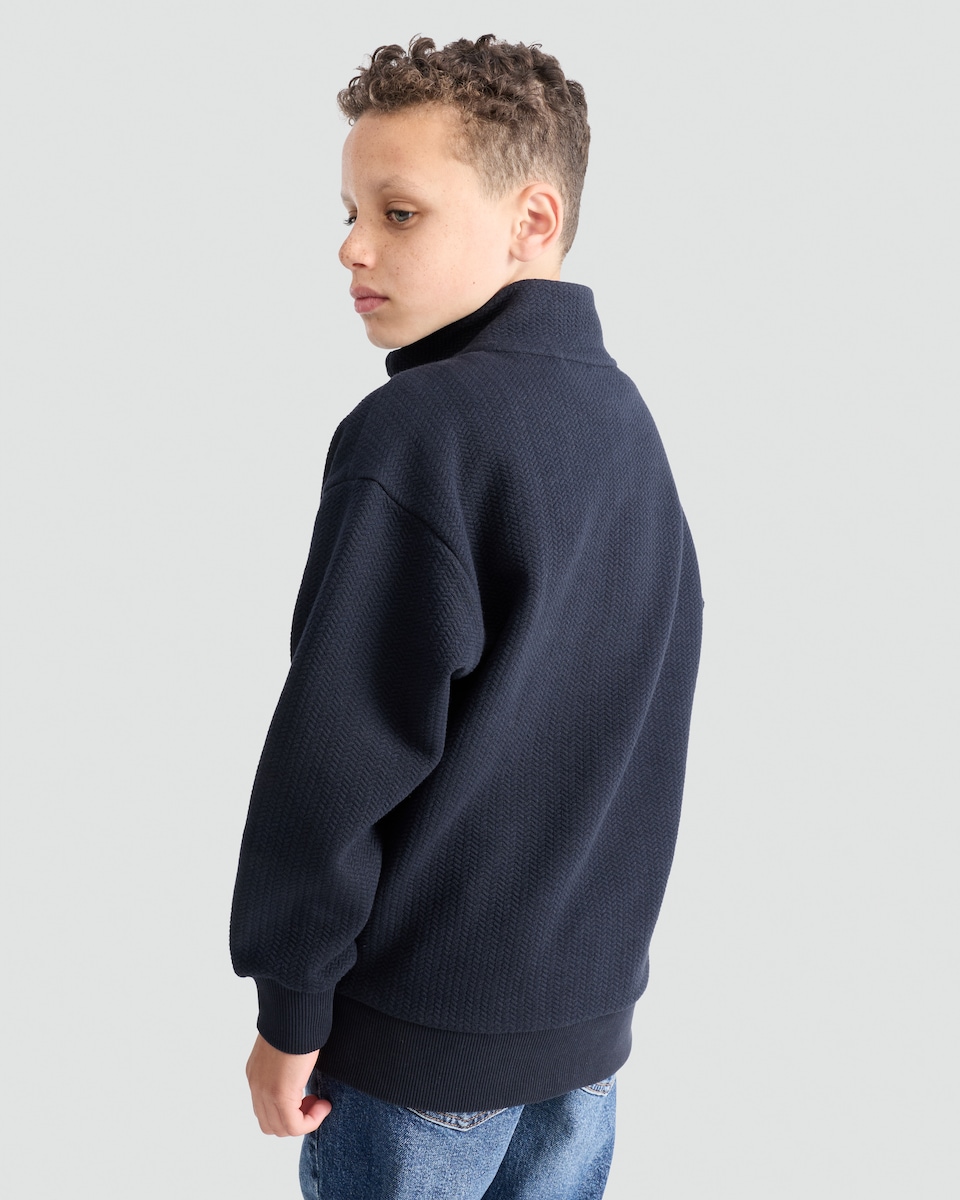 image 1 of F&F Boys Cotton Blend Textured Half Zip Sweatshirt in Navy