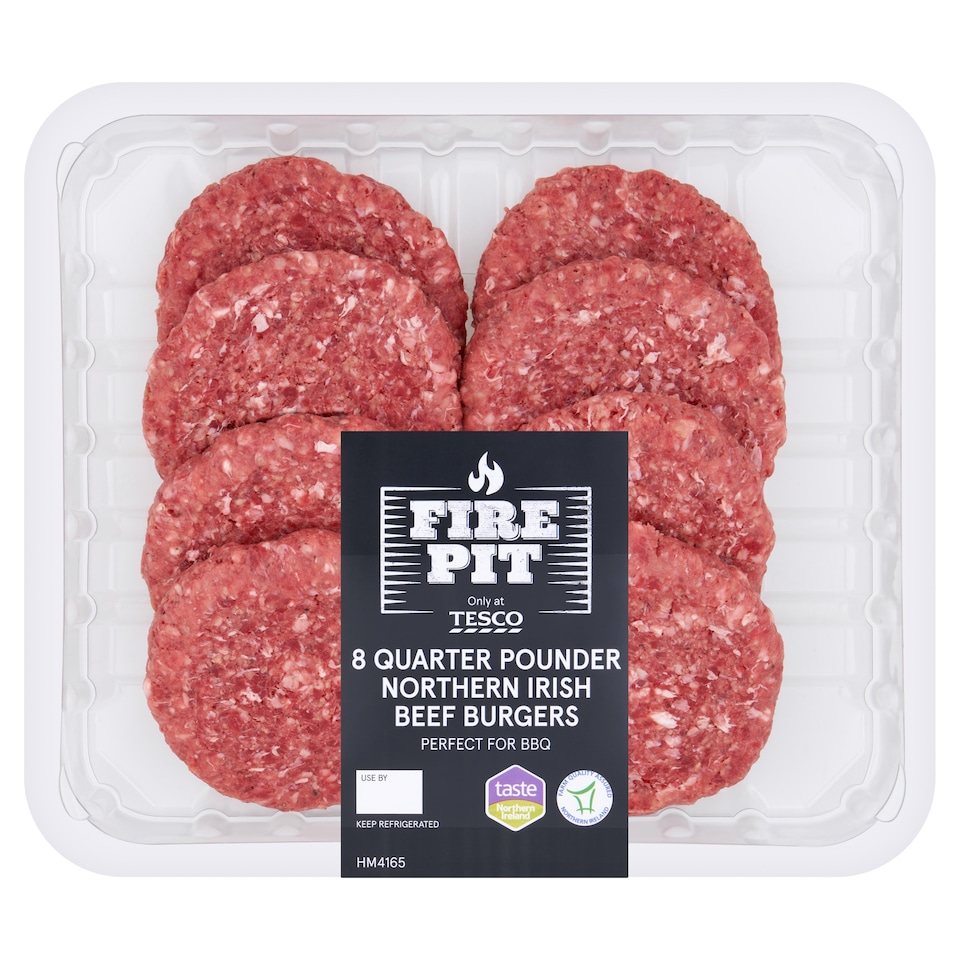 Tesco Fire Pit 8 Quarter Pounder Northern Irish Beef Burgers 908g