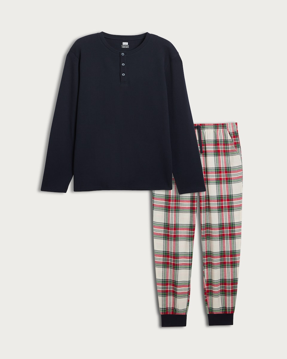 image 1 of F&F Pure Cotton Henley Top and Trousers Pyjamas in Multi