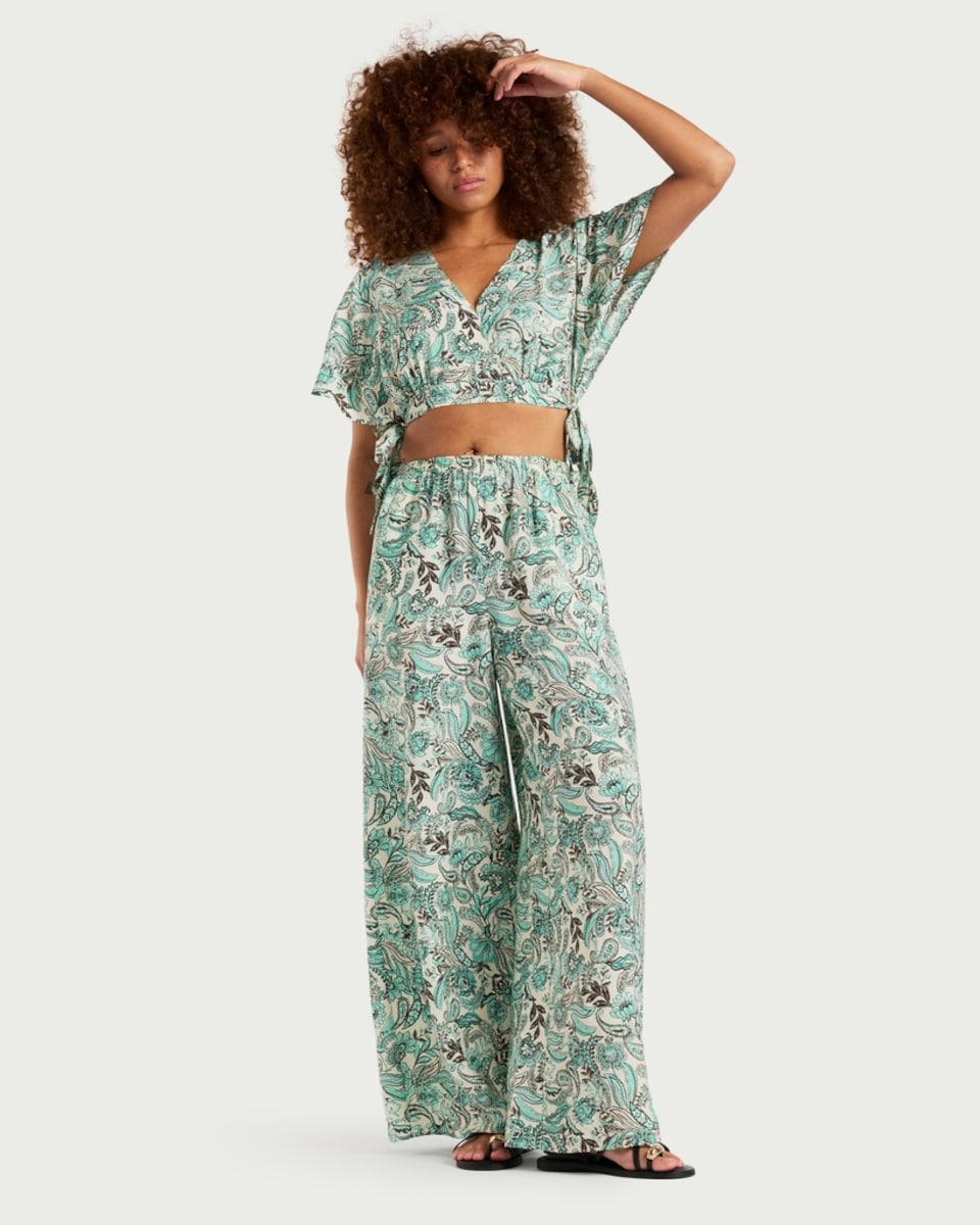 image 1 of F&F Paisley Print Tie-Side Co-ord Beach Blouse in Multi Blue