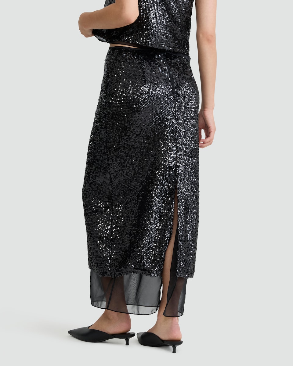 image 1 of The F&F Edit Organza Trim Sequin Embellished Co-ord Midi Skirt in Black