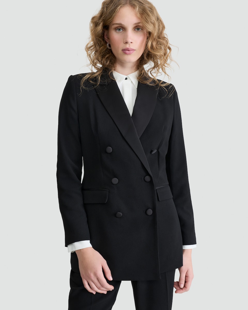 image 1 of The F&F Edit Double Breasted Tuxedo Blazer in Black
