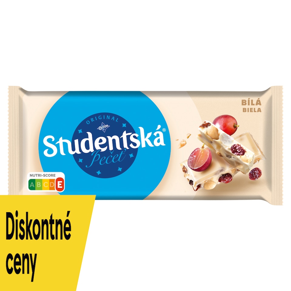 ORION ŠTUDENTSKÁ PEČAŤ biela čokoláda s arašidmi, hrozienkami a želé 170 g