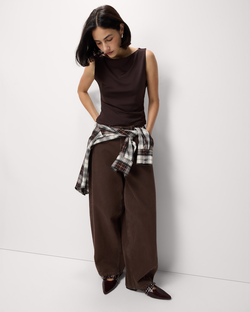 image 1 of F&F Slinky Slash Neck Vest in Chocolate