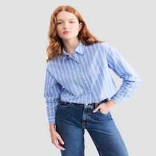 F&F Pure Cotton Stripe Cropped Shirt in Multi Blue