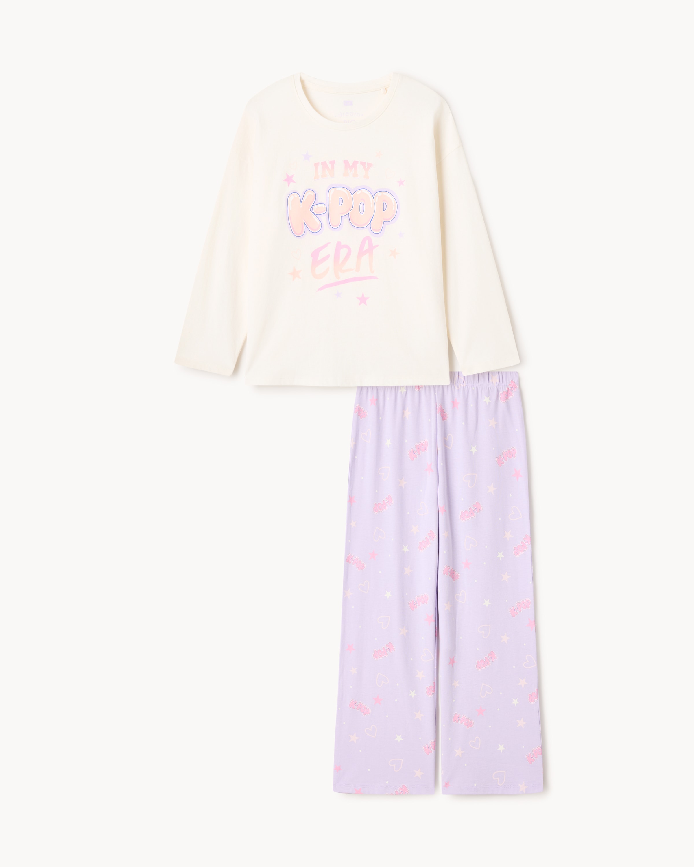F&F Girls Pure Cotton K-Pop Pyjama Set in Cream, 10-11 Years