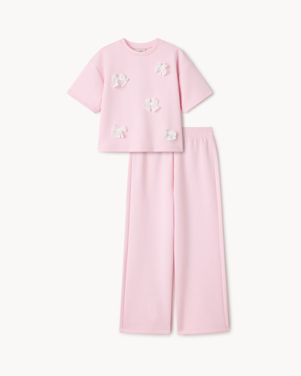 image 1 of F&F Girls Bow Detail Top and Joggers Set in Pink