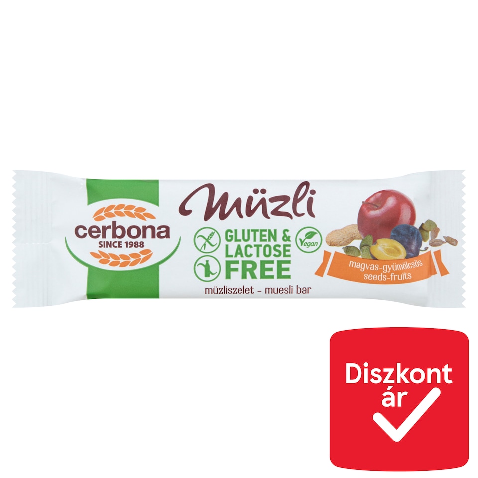 Cerbona gluténmentes, laktózmentes magvas-gyümölcsös müzliszelet 35 g  1. kép