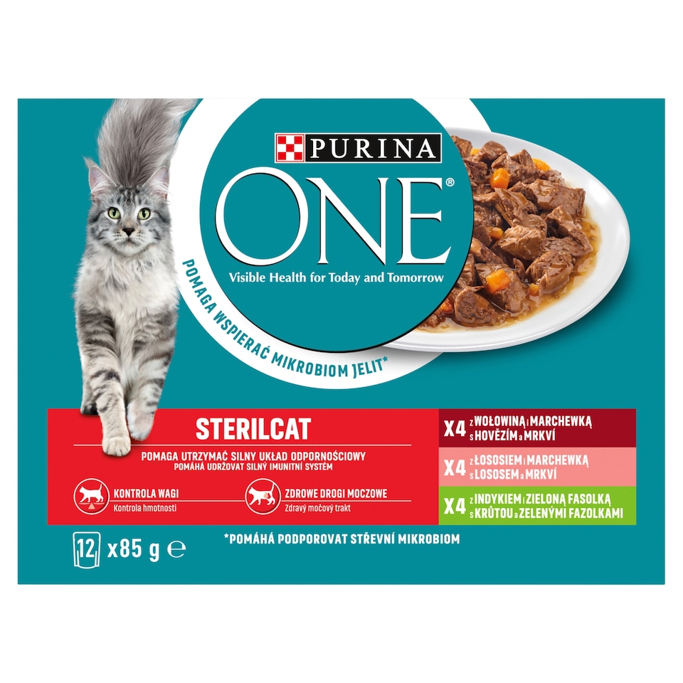 obrázok 1 z Purina ONE Sterilised kapsičky pre mačky hovädzie, losos, morka v šťave 12 × 85 g
